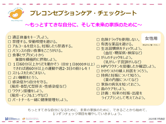 プレコンセプションケア・チェックシート(女性用)