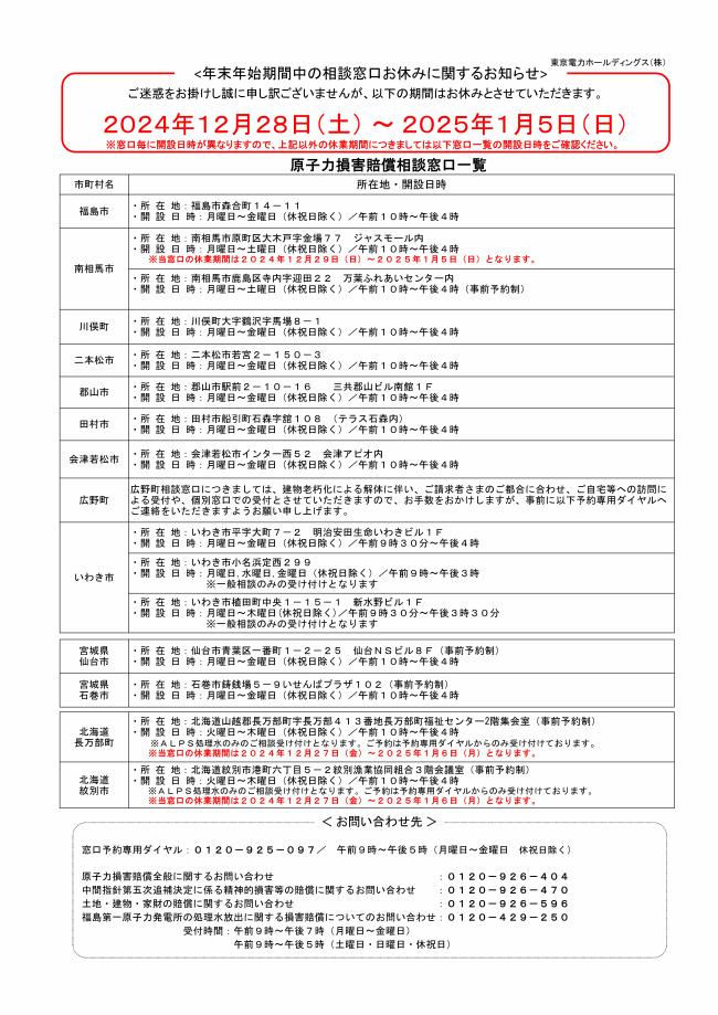 福島原子力補償相談室　年末年始　窓口　受付時間
